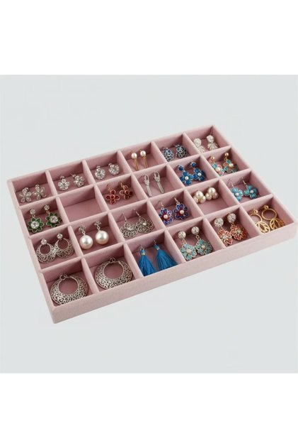 Yerli Üretim Süet Kumaş Pembe Renk 34 Cm / 24 Cm 24 Bölmeli Çekmece Içi Takı Standı