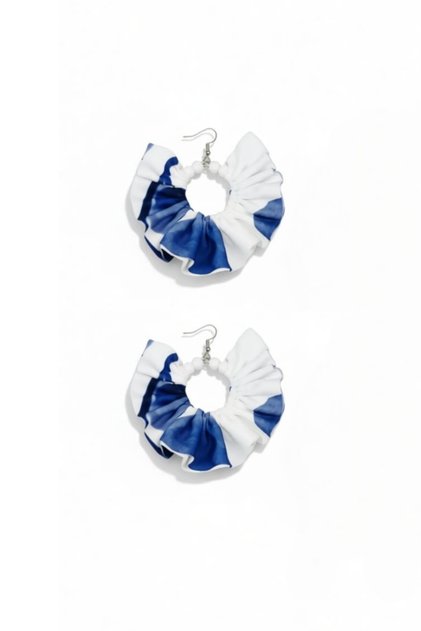 Women's Silver Color Hoop Dangle Earrings – Blue Patterned Fabric Beaded Design