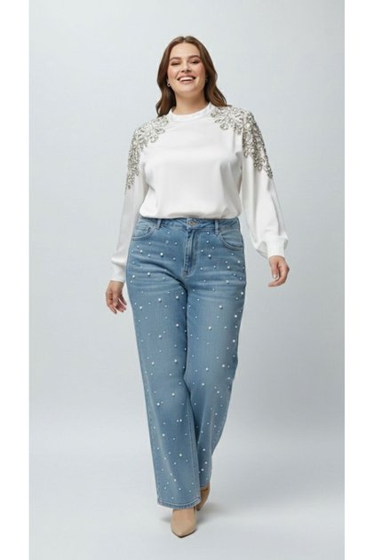 Premium Plus Size Jeans Wide Leg High Waist Pearl Stone-Detail Denim Trousers