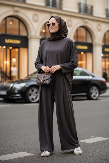 Light Touch Fabric Pleated Wide Leg Two-Piece Suit – Seasonless Hijab Suit (Sizes 36-50) Brown