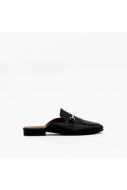 Black Genuine Leather Open Back Loafer with Gold Accessories