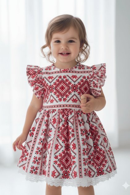 Ruffle Detailed Ethnic Patterned Poplin Red White Girl's Baby Dress
