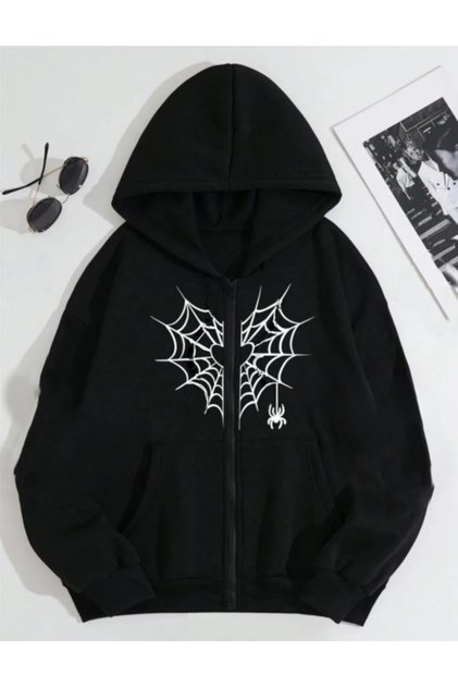 Heart Spider Web Printed Zippered Fleece-Lined Hooded Sweatshirt Cardigan - Black