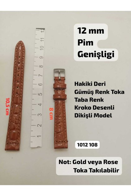 12 mm Compatible Watch Strap - Genuine Leather, Tan Color Crocodile Patterned Model - Silver Color Buckle, (Second Item in the Cart Is 100 Tl.)