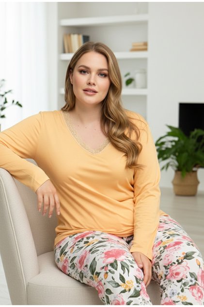 Yellow Patterned Curve Plus Size Oversize Size Cotton Pajamas Suit25240822