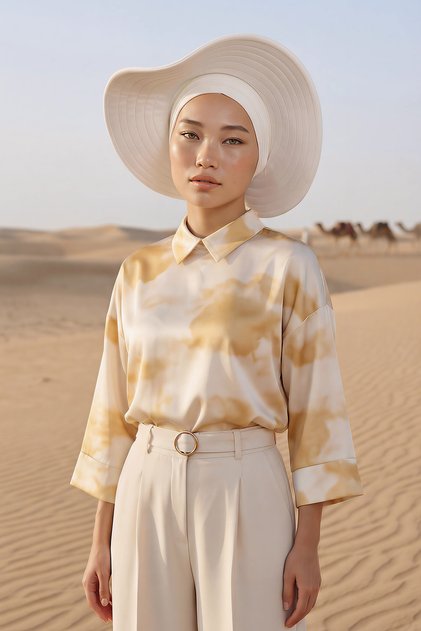 Combed Cotton Bonnet Turban with Detachable Bow on the Back, S-4, Cream