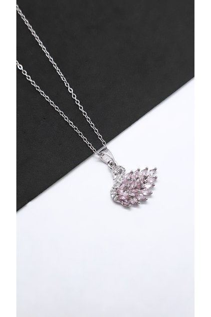 Kuğu Figürlü Pembe Taş Çelik Kolye