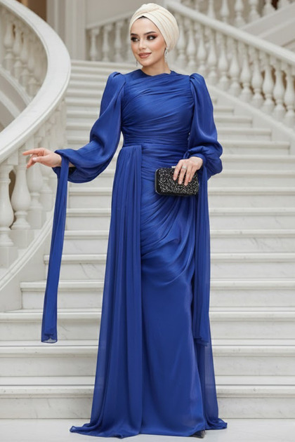 Neva Style Navy Blue Hijab Evening Dress with Tail Detail 48491L- Trendyol