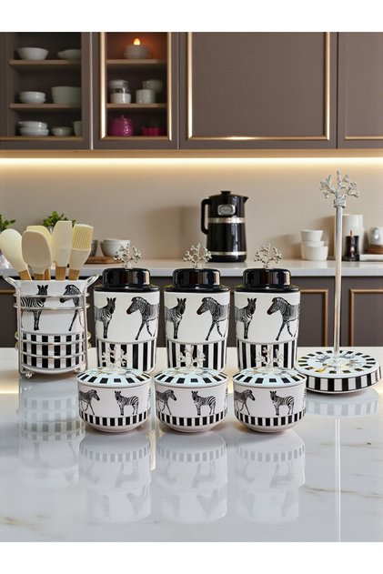 Mutfak Çeyiz Seti 104 Kahvaltılık Baharatlık Kaşıklık Havluluk Koyu Zebra At Desen GÜMÜŞ