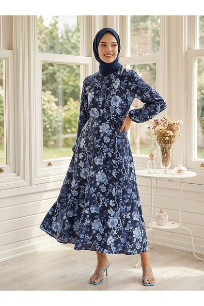 Floral Patterned Hijab Dress - Navy Blue Patterned - Refka