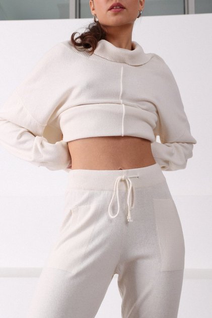 Women's Ecru Pocketed Slim Leg Cashmere Knitwear Trousers