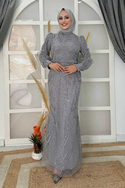 Bym Fashion Patterned Fishnet Evening Dress with Waist Belt 1139 Gray-  Trendyol
