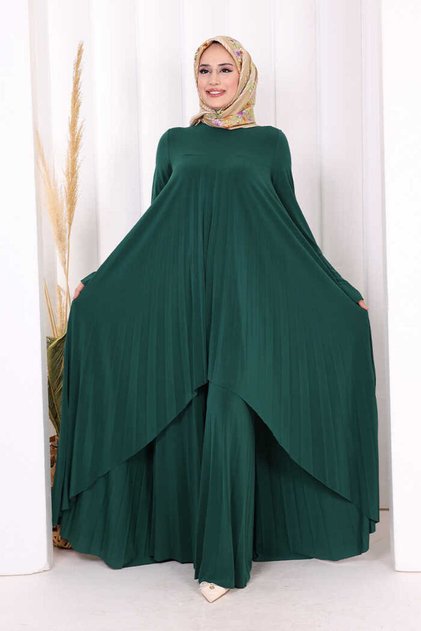 Pilise Detailed Long Tunic and Trousers Two-Piece Set 8575 Emerald