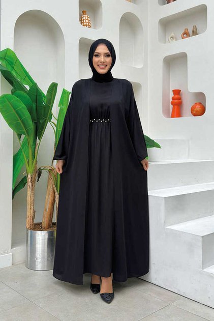 Waist Ankle Parts Jewelled Dress Abaya Suit 8490 Black