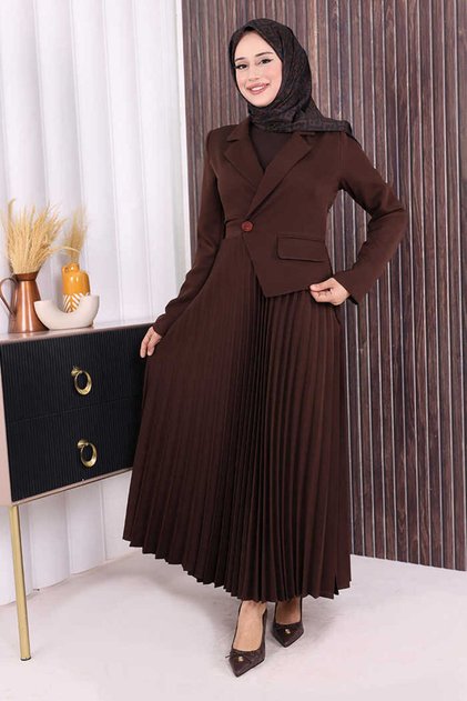Jacket Look Skirt Pleated Dress 3700 Brown