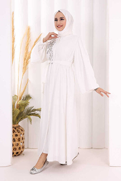 Bym Fashion Omuz Taş İşlemeli Bel Bağlamalı Ferace 7805 Ekru