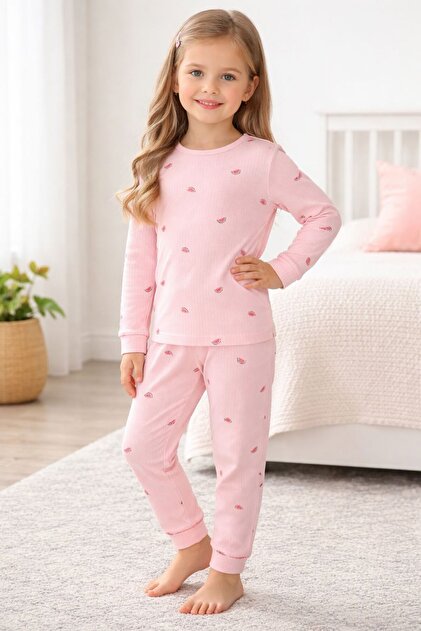 Pink Watermelon Patterned Girls' Cotton Pajama Set
