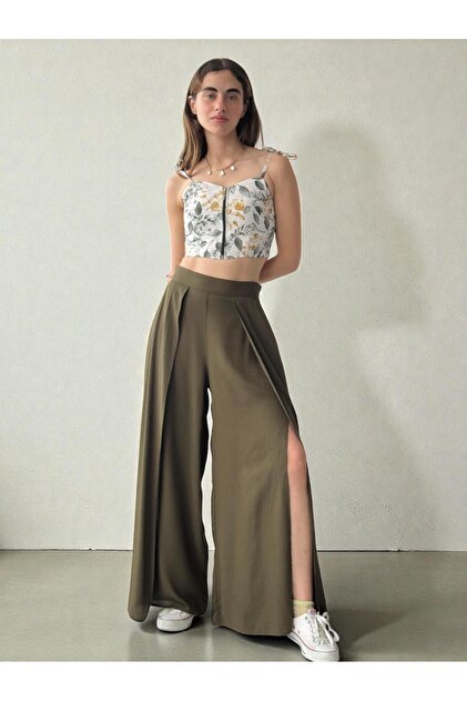 Yırtmaç Detaylı Haki Wide-Leg Kadın Pantolon Etek