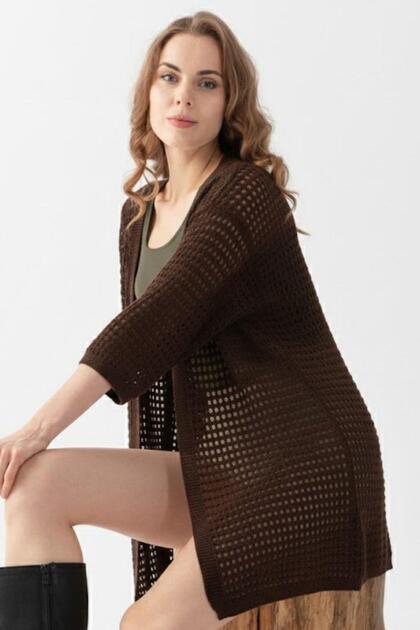 Women's Perforated Knitwear Long Cardigan 91136 Brown