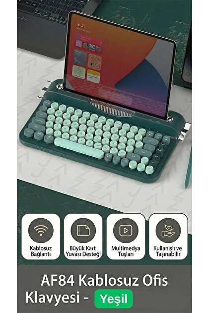 Coverzone Retro Daktilo Klavye Bluetooth & 2.4G, Standlı, Yuvarlak