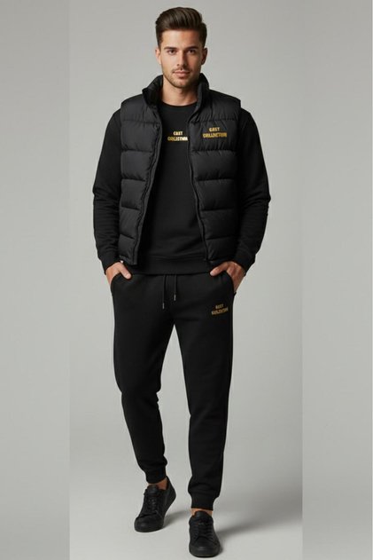 Men's Black Printed Vest, Crew Neck Sweatpants Set, 3-Piece