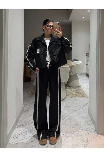 Black Trouser Jacket Set with Design Stripe Lettering Detail
