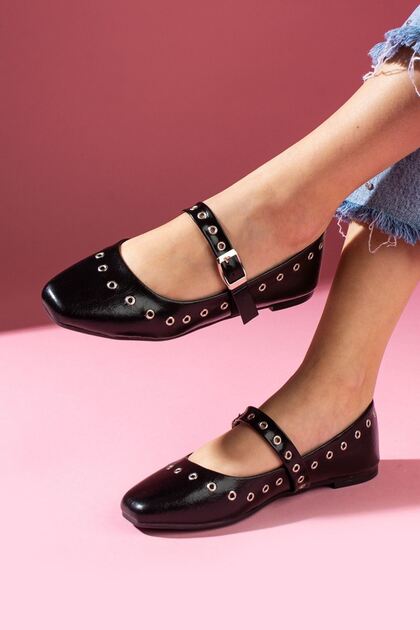 Vento Black Leather Silver Ring Detailed Buckle Belt Strap Ballerinas
