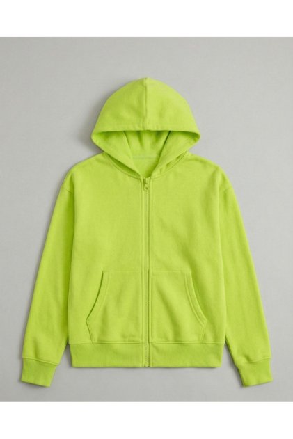 Unisex Children's Phosphor Green Zippered Hooded Sweatshirt Comfortable Basic Cardigan for School-Daily Use 3-10 Years Old