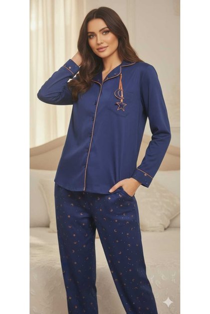 Parlement Blue Moon Star Patterned Collar Front Buttoned Pajama Set