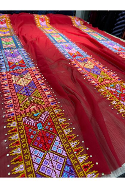 Cross-Stitch Embroidered Stone Fabric on Silky Chiffon