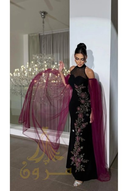 Royal Black Evening Dress with Velvet Embroidery and Fuchsia Tulle Sleeves