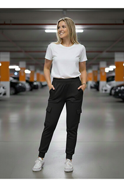 Women's Black 2 Thread High Waist K Cargo Pocket I Sweatpants Nj30