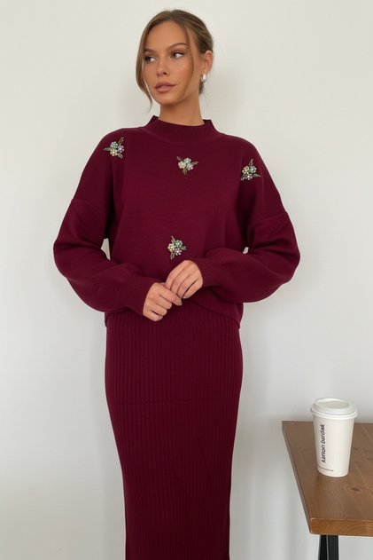 Floral Stone-Embellished Maxi Dress and Bolero Two-Piece Knit Set