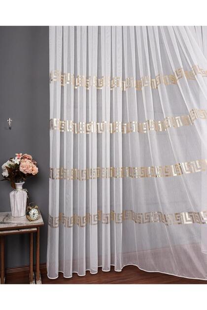 Geometric Patterned Modern Tulle Curtain with Tight Pleats -Gold