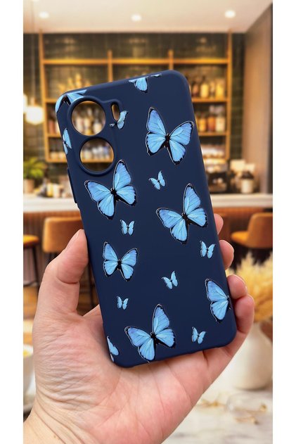 Vivo Y16 Compatible Blue Butterfly Patterned Silicone Shock-Absorbing Classic Protective Rubber Case