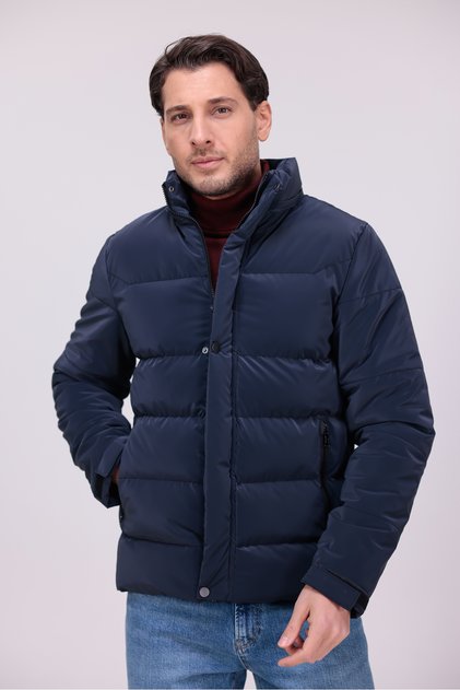 Men's Navy Blue Water and Windproof Nova Fabric Detachable Hooded Zipper Snap Detailed Coat
