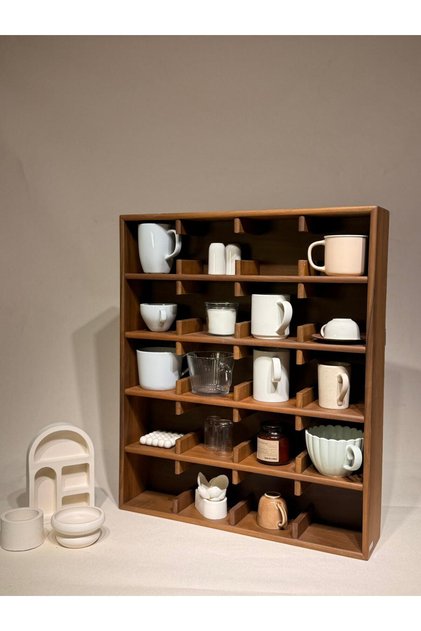 Doğal Ceviz Ahşap Mug Standı – 20 Bölmeli Dekoratif Fincan Rafı