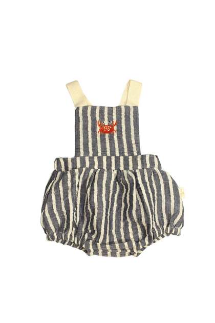 Crab Embroidered Striped Muslin Baby Salopet