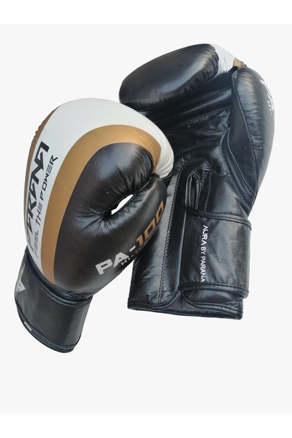 Manusi de box AURA Pro Combat, piele naturala, 16 Oz, culoare neagru combinat cu alb