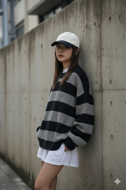 Striped Tricot Knitted O Oversized Crew Neck Sweater