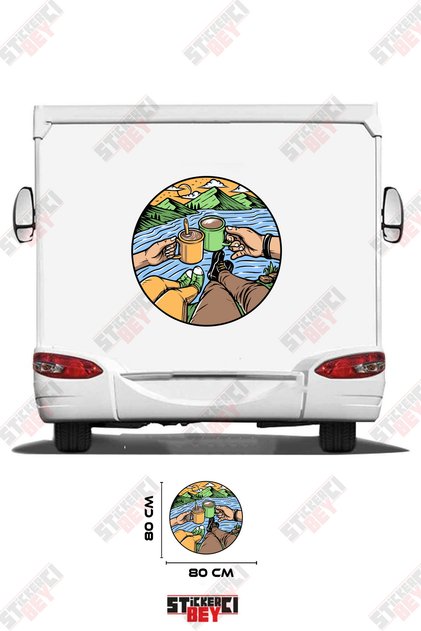 Couple Drinking Coffee Looking at the View Caravan Sticker Decal