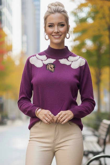 Purple Ballerina Collar Long Sleeve Patterned Slim Casual Knitwear Sweater 65 60