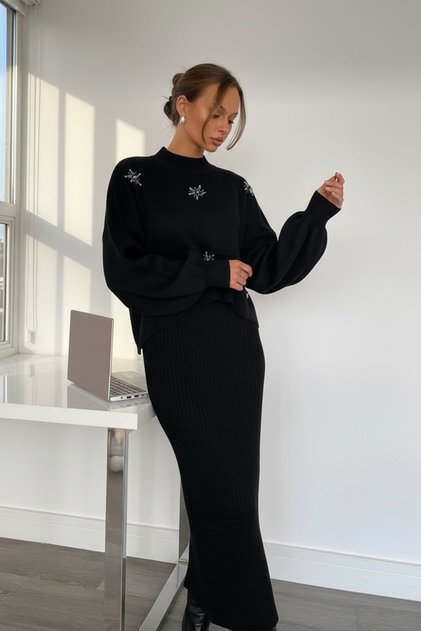 Set de tricotaje din două piese, rochie maxi brodată manual Star Stone și bolero