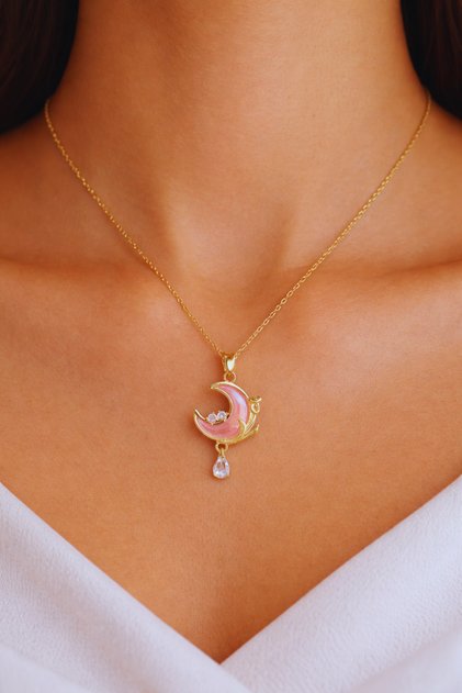 Gold Color Women's Necklace with Zircon Stone and Pink Moon Figure