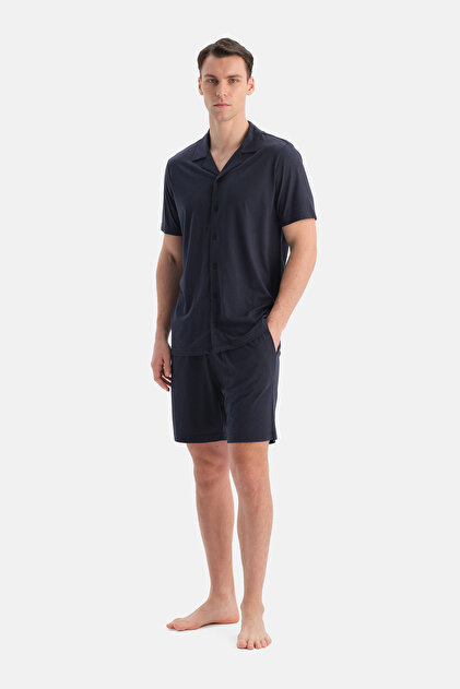 Navy Blue Short Sleeve Cotton Modal Shirt Shorts Set
