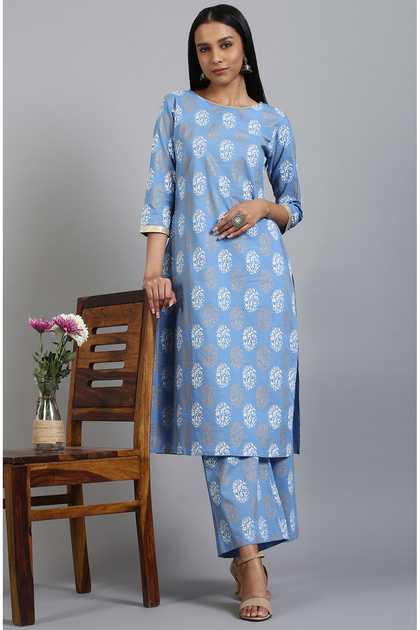 Premium cotton 2pc kurti set - Light blue colour women's kurta set with white & gold ethnic print