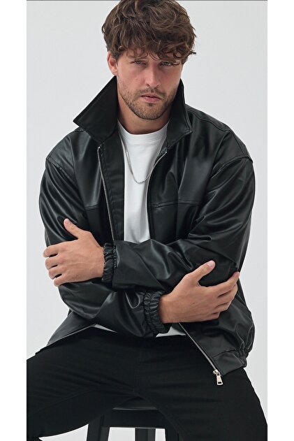 ATKGİYİM Atk Clothing Men's Black Oversized Zipper Faux Leather