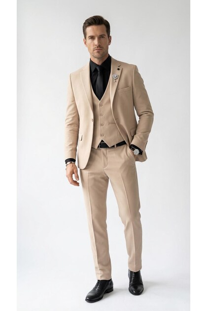 Erkek Klasik Slim Fit Armürlü Kumaş Tek Düğmeli Çift Yırtmaçlı Klasik Yaka Takım Elbise 7 Drop