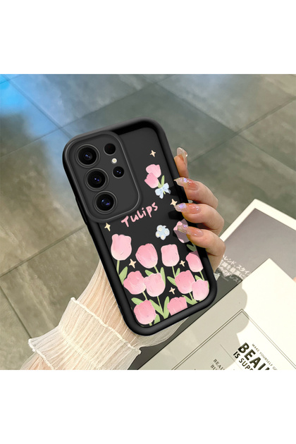Samsung Galaxy S25 Ultra Compatible Black Silicone Tulip Pattern Lens Protection Shock-Absorbing Flexible Case