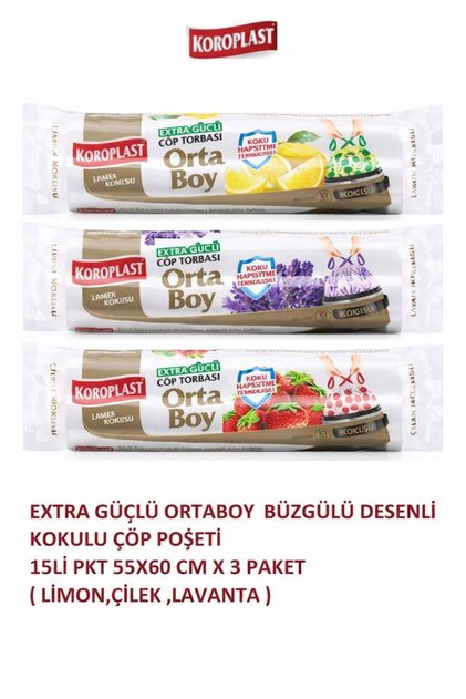 Ekstra Güçlü Orta Boy Büzgülü Desenli Kokulu Çöp Poşeti 15'Li 55x60 cm X 3 (Limon, Çilek, Lavanta)
